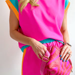 Rose Red Contrast Trim Cap Sleeve Tee Shorts Set