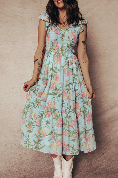 Yellow Smocked Bodice Ruffled Sleeveless Tiered Floral Maxi Dress