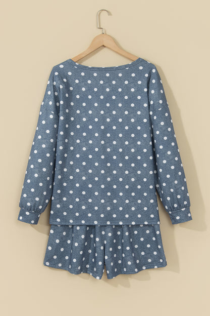 Gray Polka Dot Long Sleeve Top Drawstring Shorts Loose 2pcs Set
