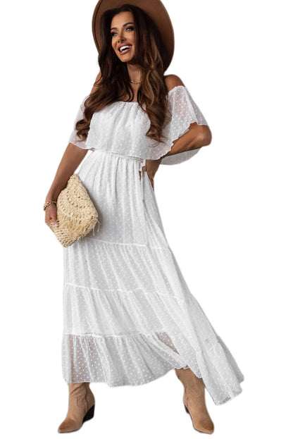 Yellow Yellow Off Shoulder Ruffle Swiss Dot Maxi Dress