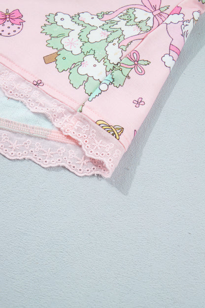 Pink Floral Print Lace Trim Long Sleeve Skirt Set