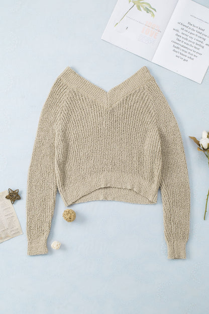 Apricot Cropped V Neck Fuzzy Sweater