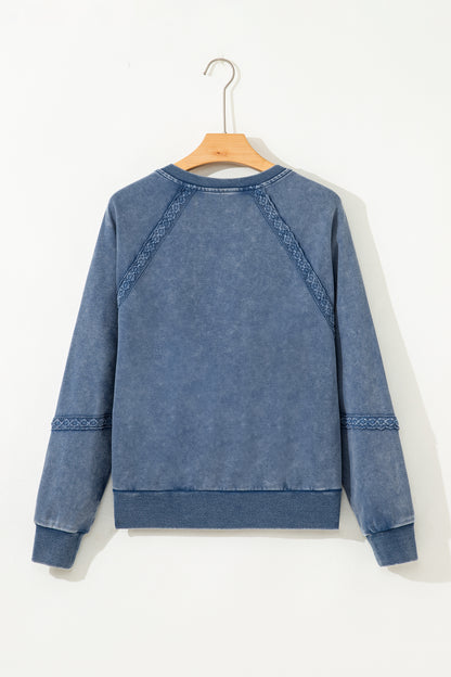 Jungle Green Lace Patchwork Detail Notched Neck Mineral Wash Baggy Sweatshirt