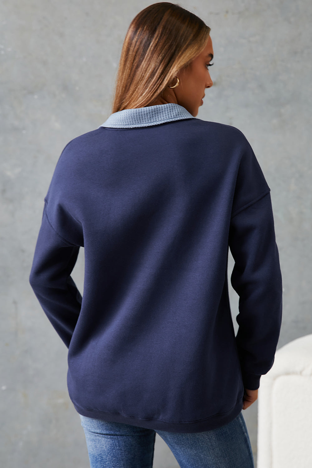 Dirty blue Drop Shoulder Metal Button Casual Pullover Sweatshirt