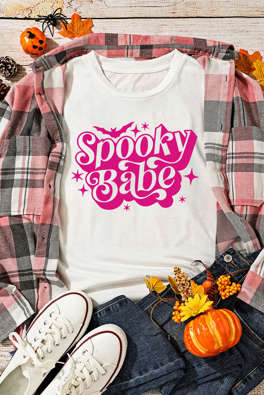 T-shirt ras du cou blanc à imprimé chauve-souris Spooky Babe pour Halloween 