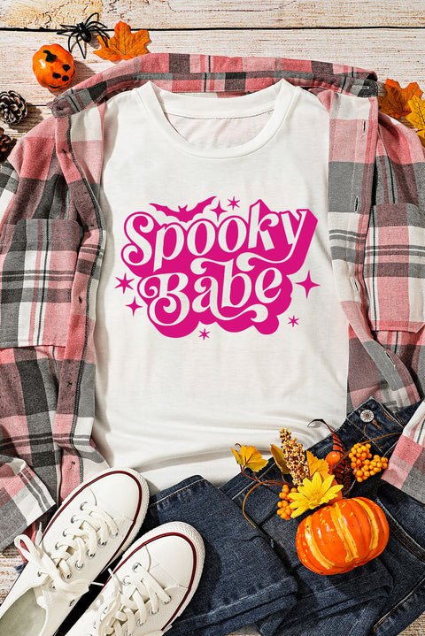 Camiseta blanca con cuello redondo y estampado de murciélago Spooky Babe de Halloween 