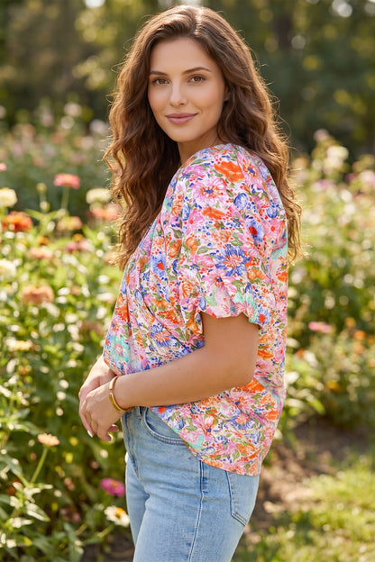 Pink Floral Print V Neck Short Sleeve Shift Blouse