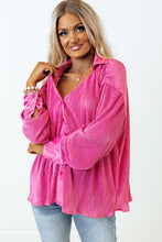 Pink V Neck Collared Button Pleated Shirt