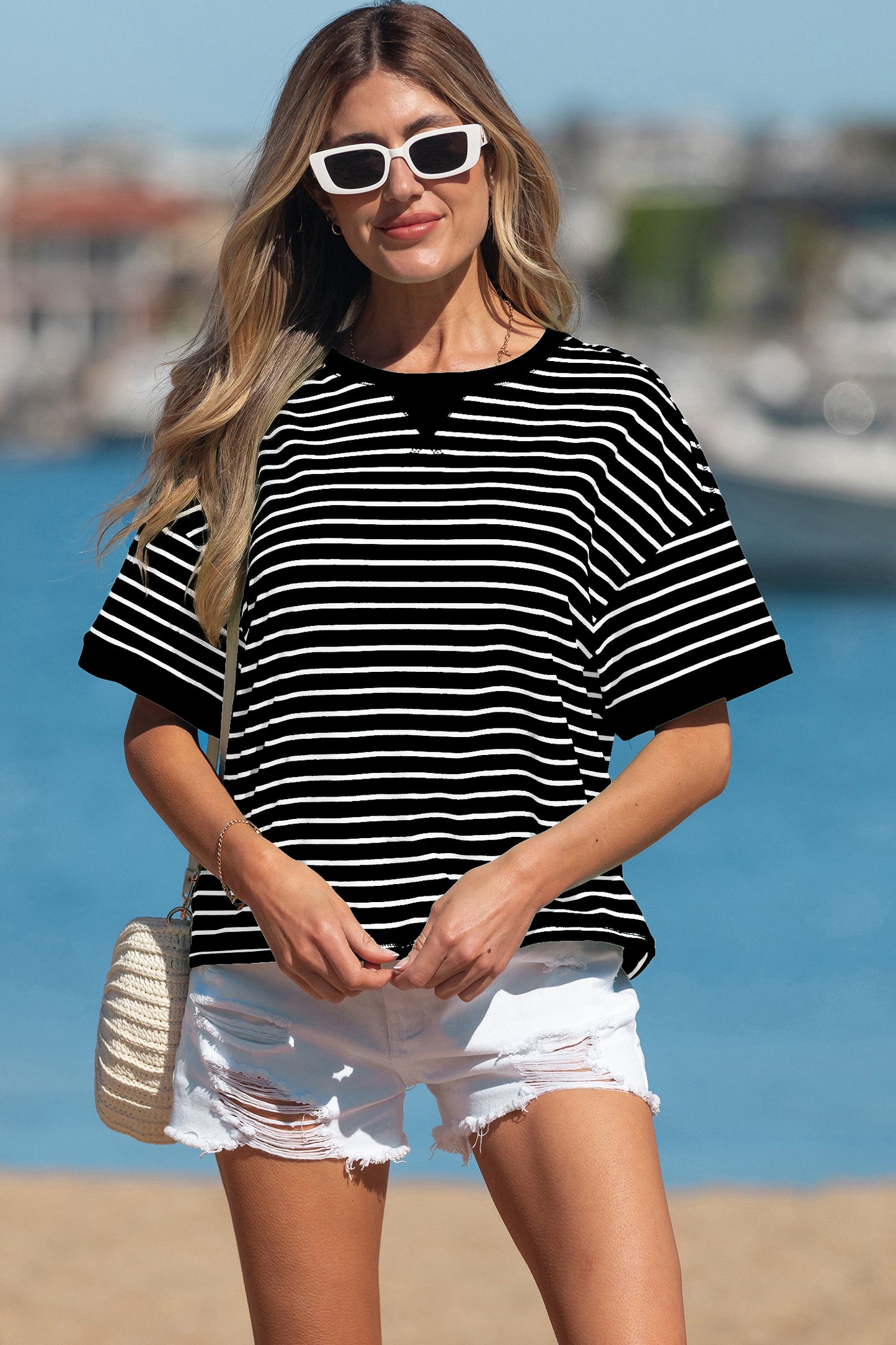 Black Stripe Ribbed Patchwork Seam Detail Half Sleeve Tee