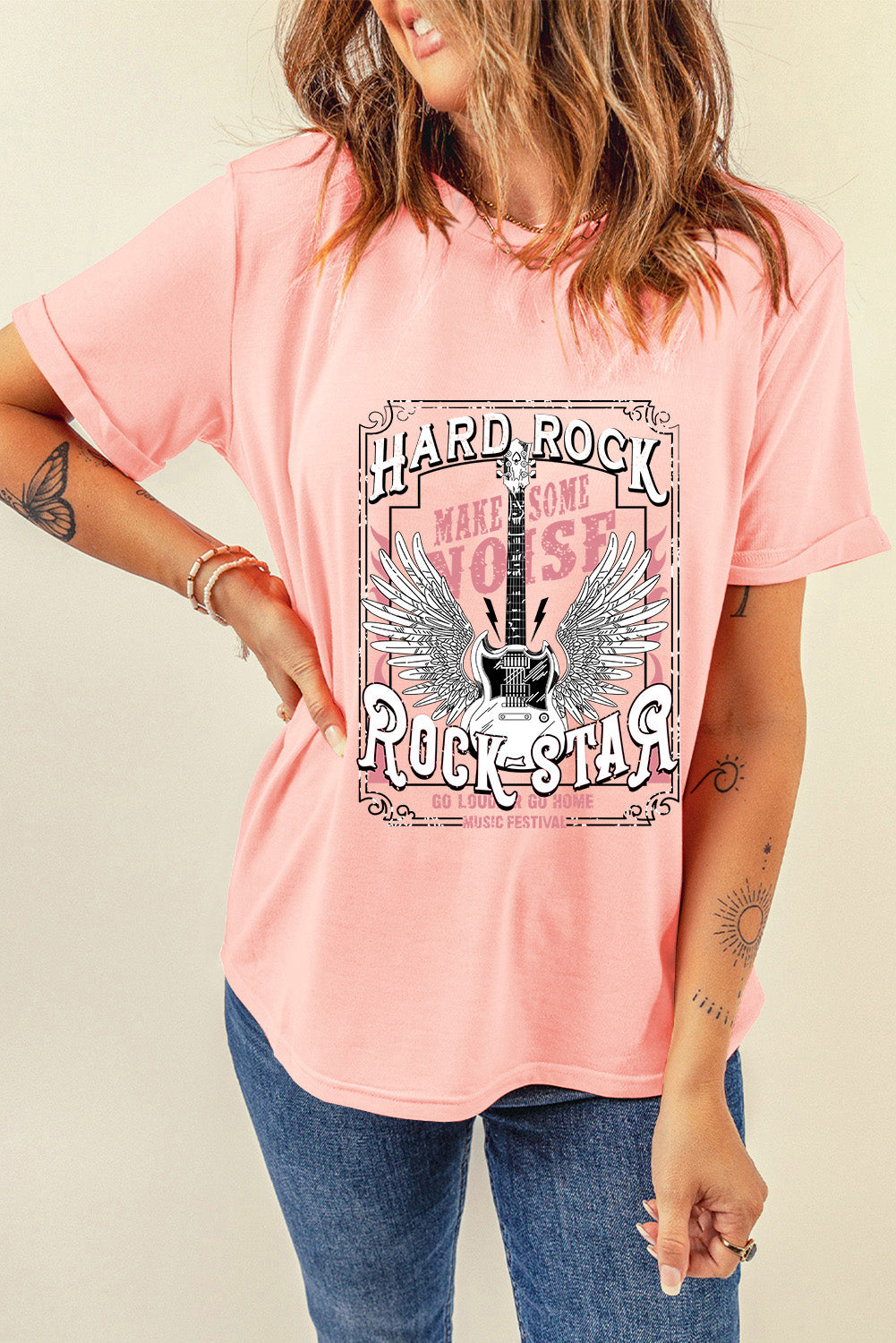T-shirt ras du cou rose imprimé guitare Hard Rock