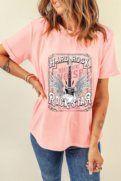 T-shirt ras du cou rose imprimé guitare Hard Rock