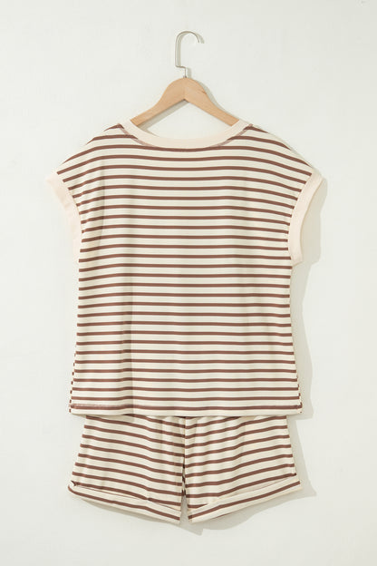 Brown Stripe Half Buttons Top and Shorts Set