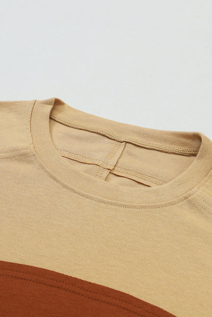 Light French Beige Colorblock Striped Bishop Sleeve Top