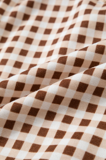 Brown Gingham Oversized Ribbed Trim Crew Neck Long Sleeve Top and Skort Set