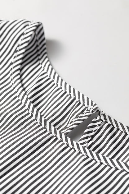 Black Stripe Striped Ruffle Sleeve Short Sleeve Round Neck Casual Shift Blouse