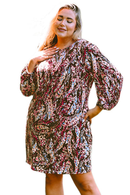 Blackish Plant Print Balloon Sleeve Curvy Dress