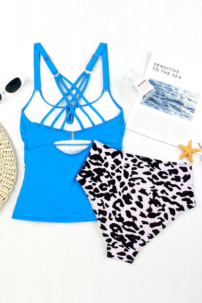 Traje de baño tankini con tiras y escote de muesca en contraste de cintura alta