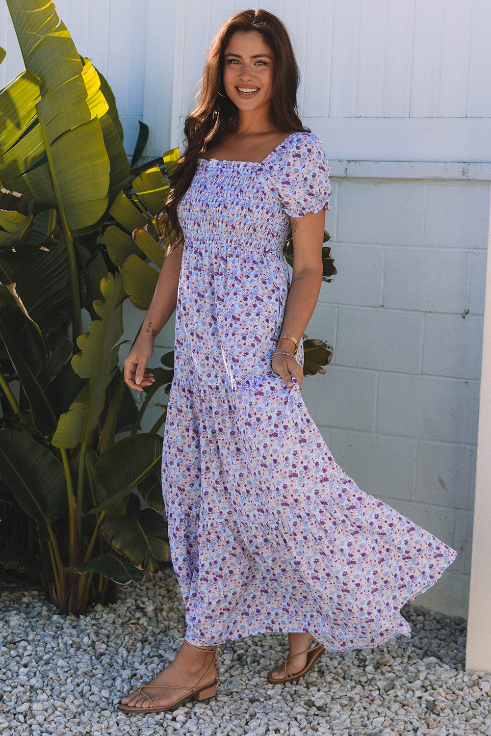 Pink Floral Short Bubble Sleeve Shirred High Waist Maxi Dress