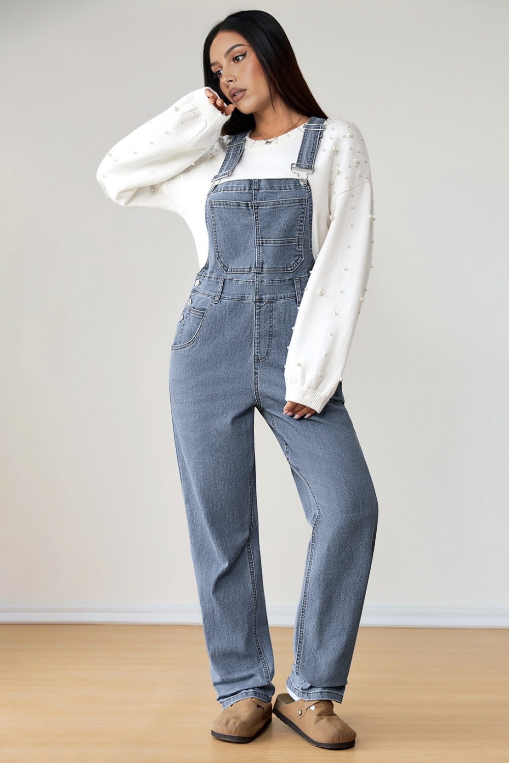 Light Blue Retro Bib Pocket Buckle Straps Casual Denim Jumpsuit