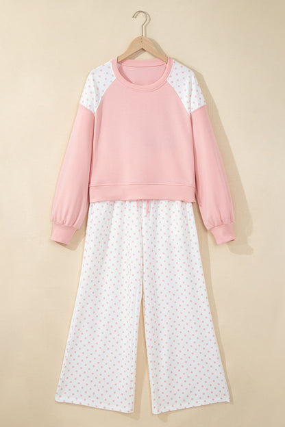 Pink Polka Dot Patchwork Colorblock Long Sleeve Casual Two Piece Pants Set