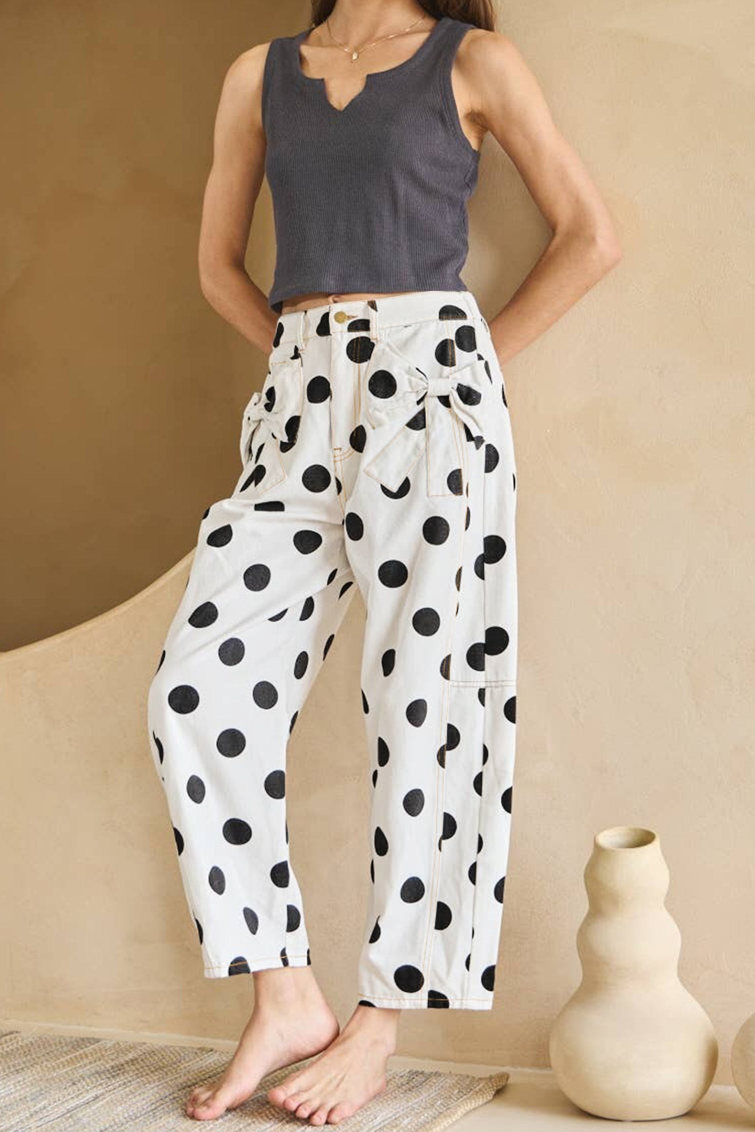 White Polka Dot Print Bow Detail Pocketed Jeans