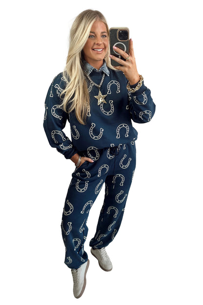 Blue Western Print Elastic Waist Pocket 2pcs Pant Set