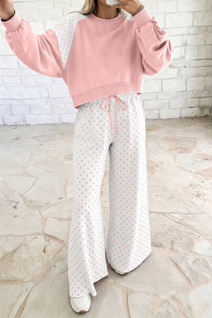 Pink Polka Dot Patchwork Colorblock Long Sleeve Casual Two Piece Pants Set