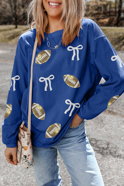 Dark Blue Corded Rib Sequin Rugby Bow Graphic Dropped Shoulder Sweatshirt