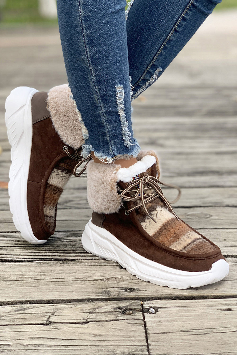Chestnut Plush Suede Patched Lace Up Ankle Boots