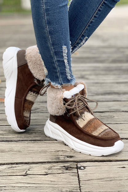 Chestnut Plush Suede Patched Lace Up Ankle Boots
