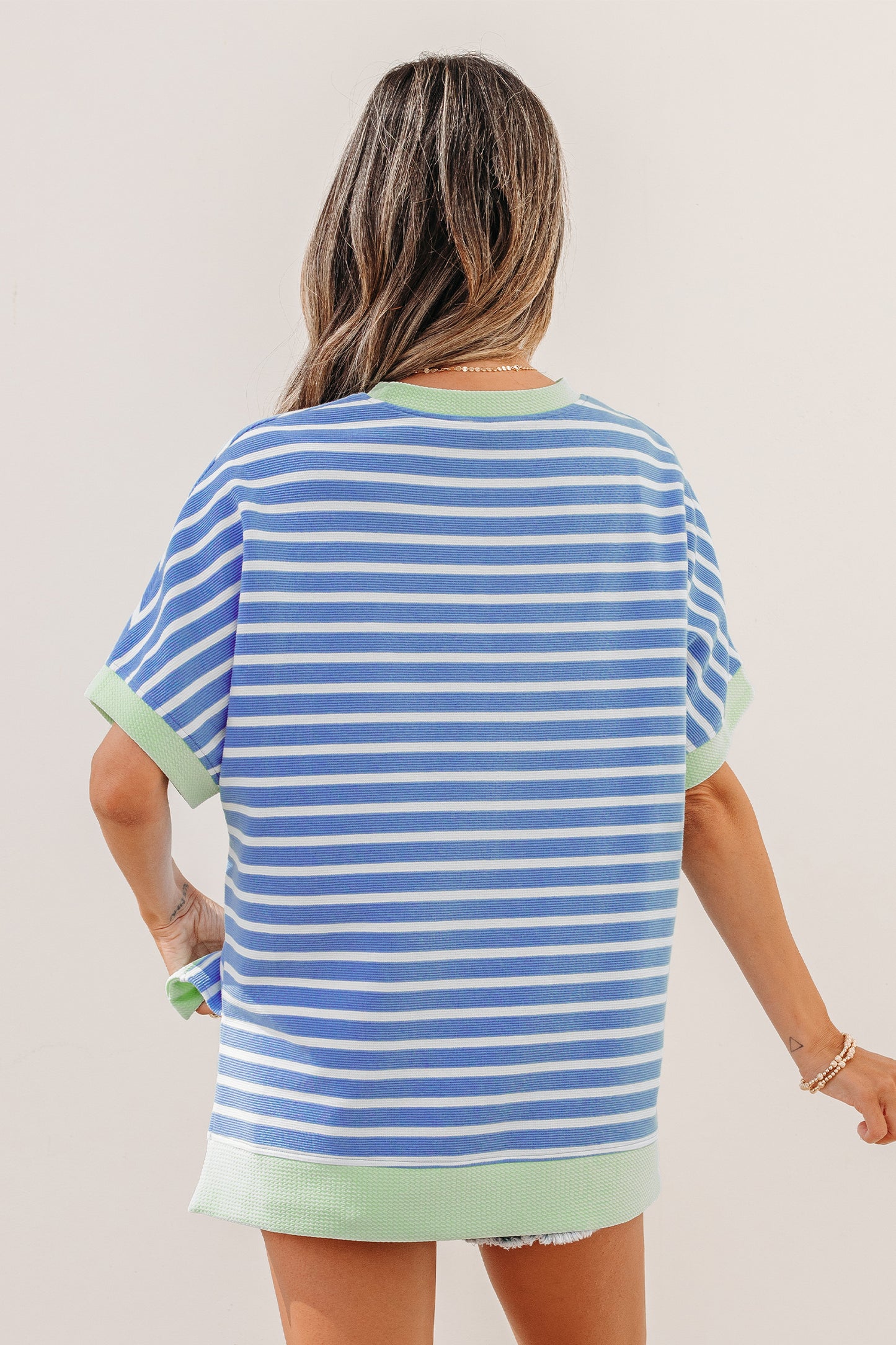 Sky Blue Stripe Contrast Trim Loose Short Sleeve Top