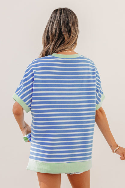 Sky Blue Stripe Contrast Trim Loose Short Sleeve Top