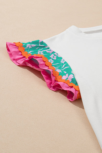 Haut à manches florales contrastées blanches Ricrac