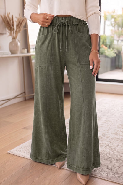 Jungle Green Mineral Wash Seam Detail Flare Leg Drawstring Pants