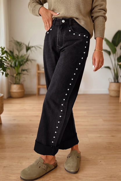 Black Studded Detail Straight Leg Casual Loose Jeans