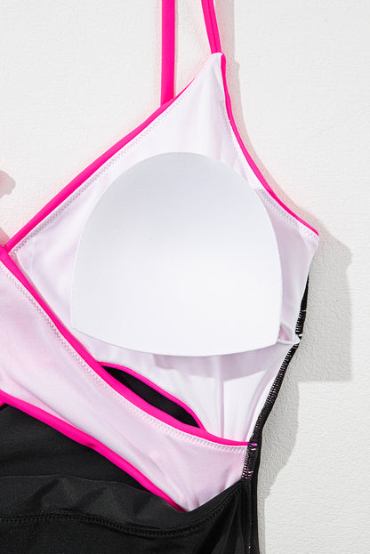 Maillot de bain une pièce à découpes croisées et colorblock rouge rose