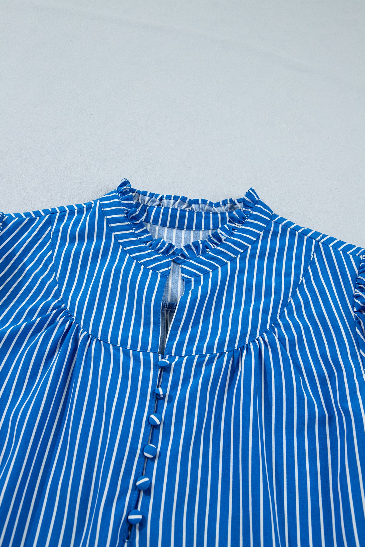 Blue Stripe Ruffled Short Puff Sleeve Button Front Blouse
