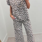 Beige Leopard Print Casual Tee and Pants 2pcs Outfit