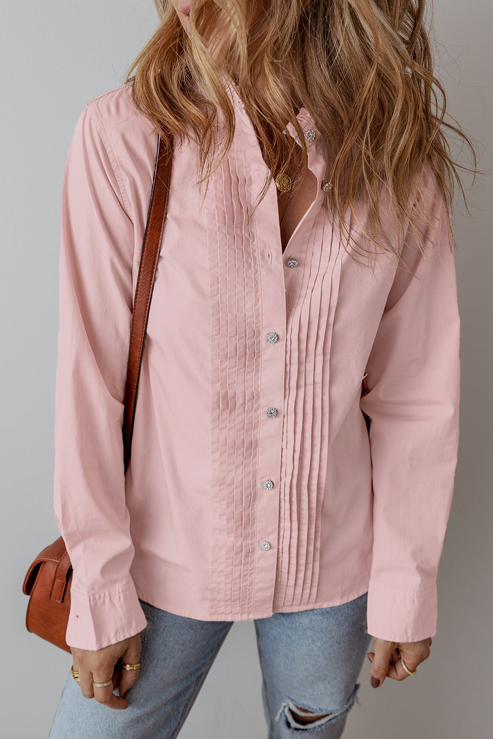Chemise décontractée ample rose clair à boutons et plis