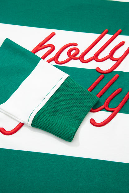 Green Stripe holly jolly Letter Embroidered Pullover Sweatshirt