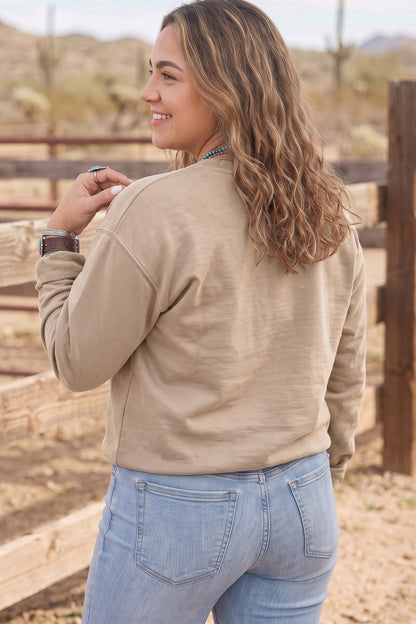 Parchment PRAY Letter Patchwork Round Neck Long Sleeve Plus Size Sweatshirt