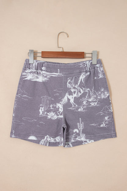 Gray Western Print Elastic Waist Cotton Denim Shorts