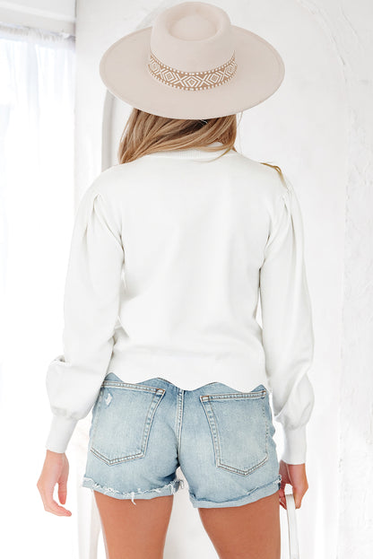 White Floral Embroidered Scallop Hem Cropped Sweater