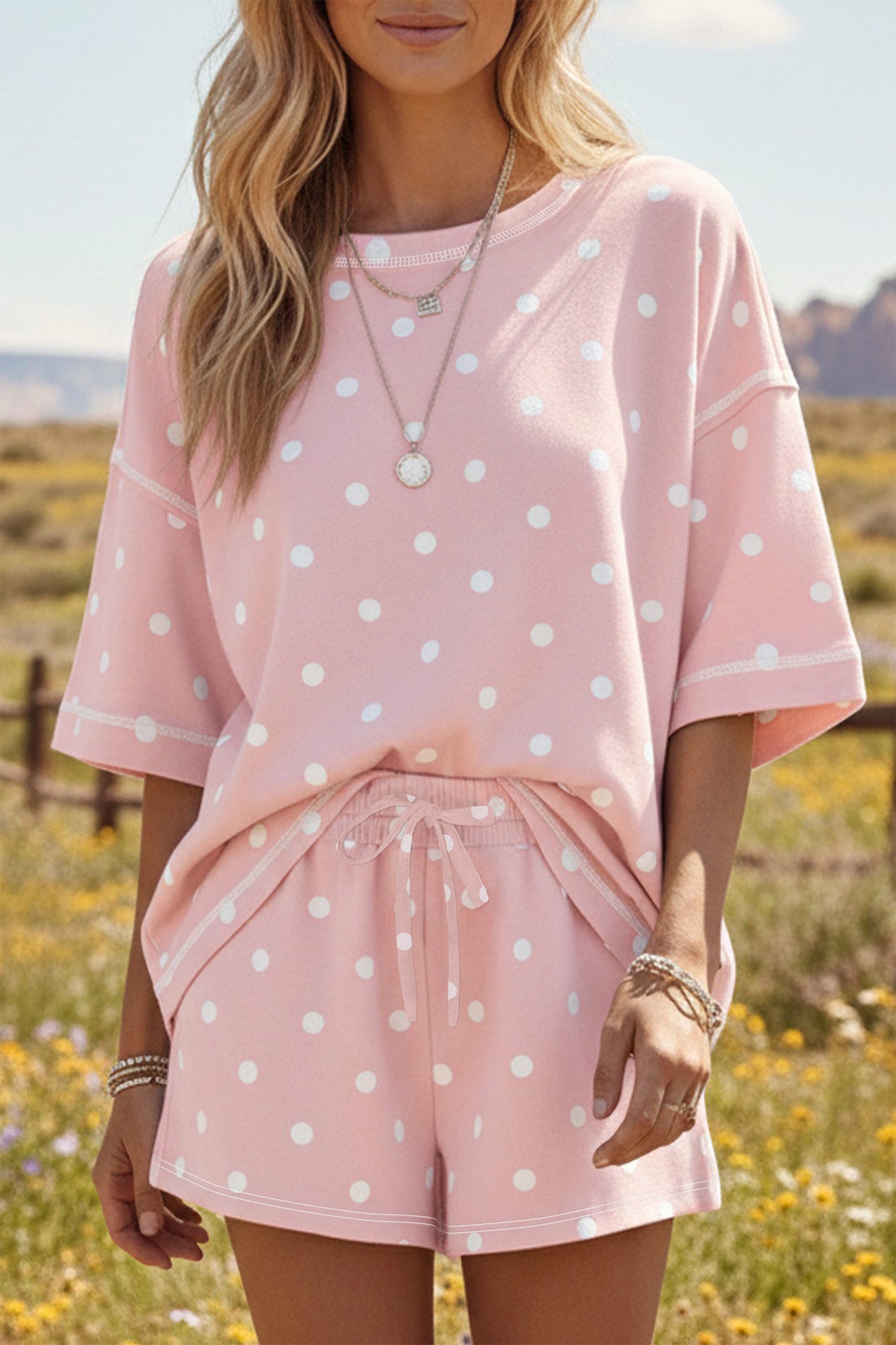 Yellow Polka Dot Short Sleeve Loose Top Drawstring Shorts Set