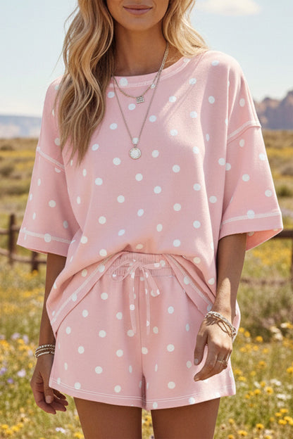 Yellow Polka Dot Short Sleeve Loose Top Drawstring Shorts Set
