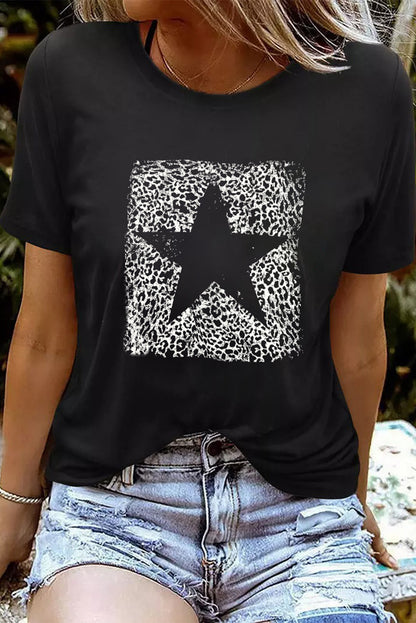 Star Leopard Print O Neck Short Sleeve Graphic Tee