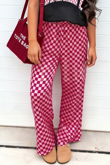 Rose Plaid Checkered Regular Fit Full-Length Casual Pants with Side Pockets