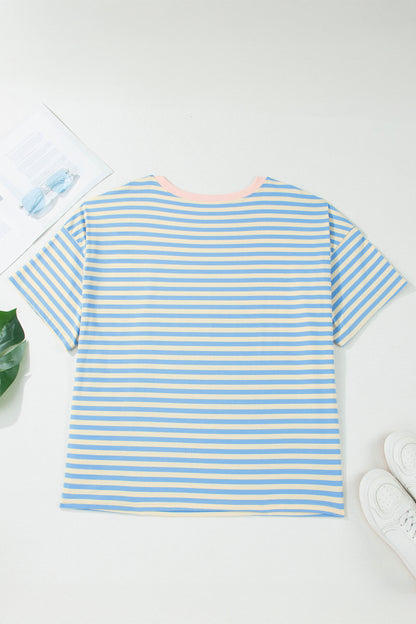Sky Blue Stripe Plus Size Drop Shoulder Contrast Trim Round Neck Tee