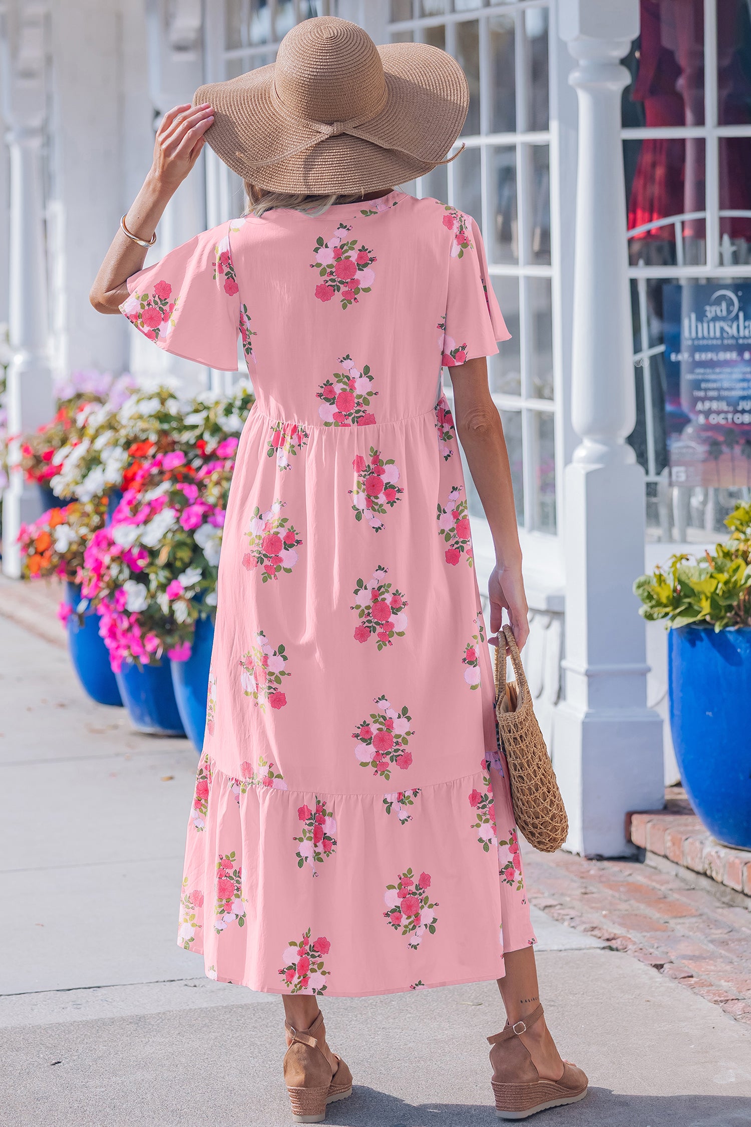 Pink Notched Neck Flutter Short Sleeve Floral Print Maxi Dress – HannaBanna Clothing