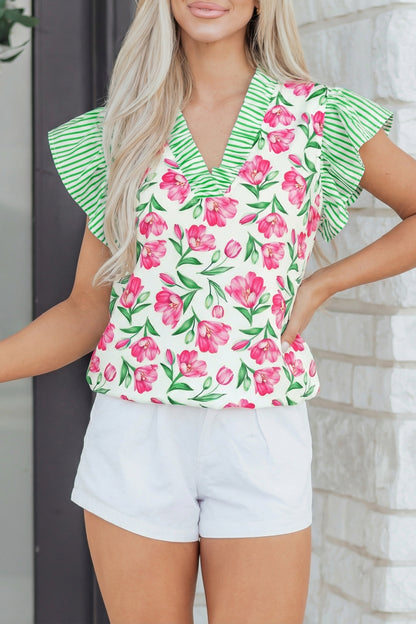 Multicolour Sweet Floral Print Striped Ruffle Trim V Neck Blouse